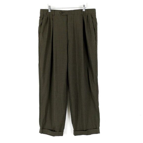 Hart Schaffner Marx Wool Green Star Check Pleated Cuffed Dress Pants 35/28 High‎ - Picture 1 of 10